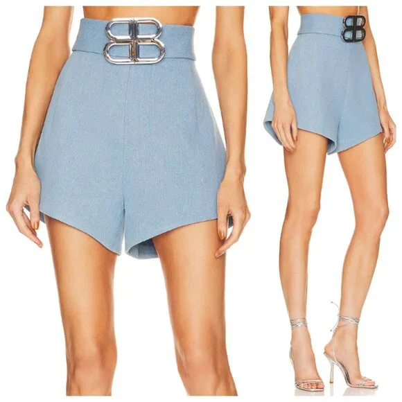 NWT Bronx & Banco x Revolve Capri Denim Logo Buckle Belted High Waist Shorts - Picture 2 of 5